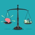 Brain and money on the scales. The idea of Ã¢â¬â¹Ã¢â¬â¹using the brain to make money. Vector illustration